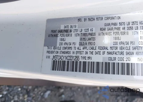 2019 Mazda Cx-9 Touring из США, поврежденный, VIN JM3TCACY1K0331255